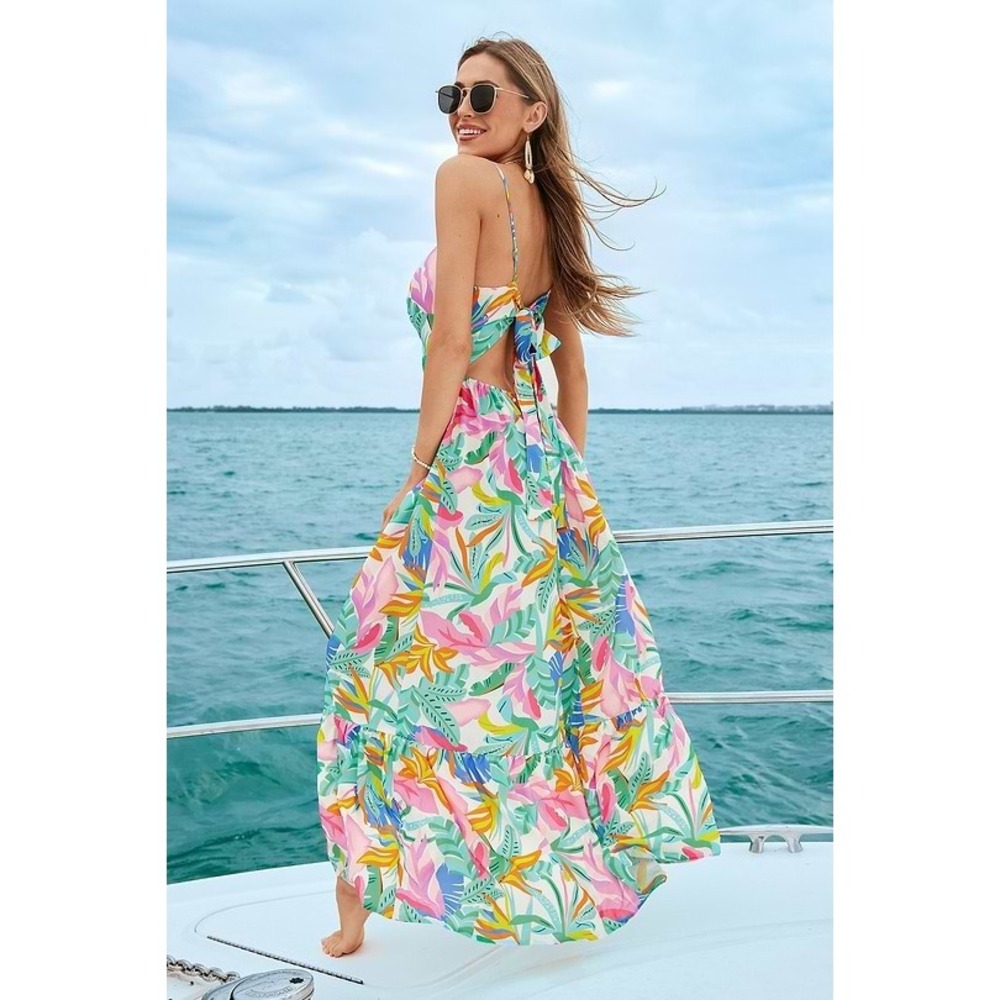 Cupshe Floral Maxi Dress Cutout Tie Back Tropical Print Summer Dress Size L‎